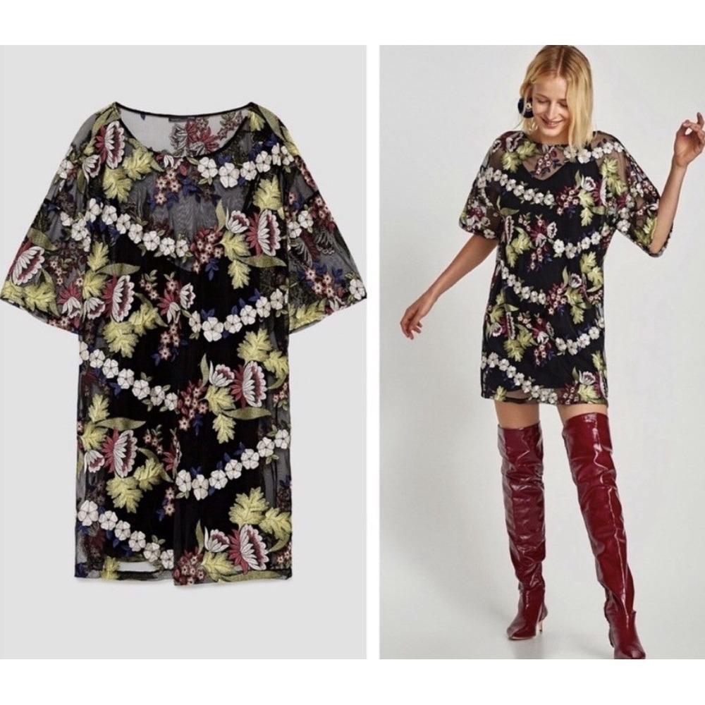 ZARA Floral Embroidered Tulle Dress Size Medium Party Wedding Resort Fairy - Picture 4 of 5